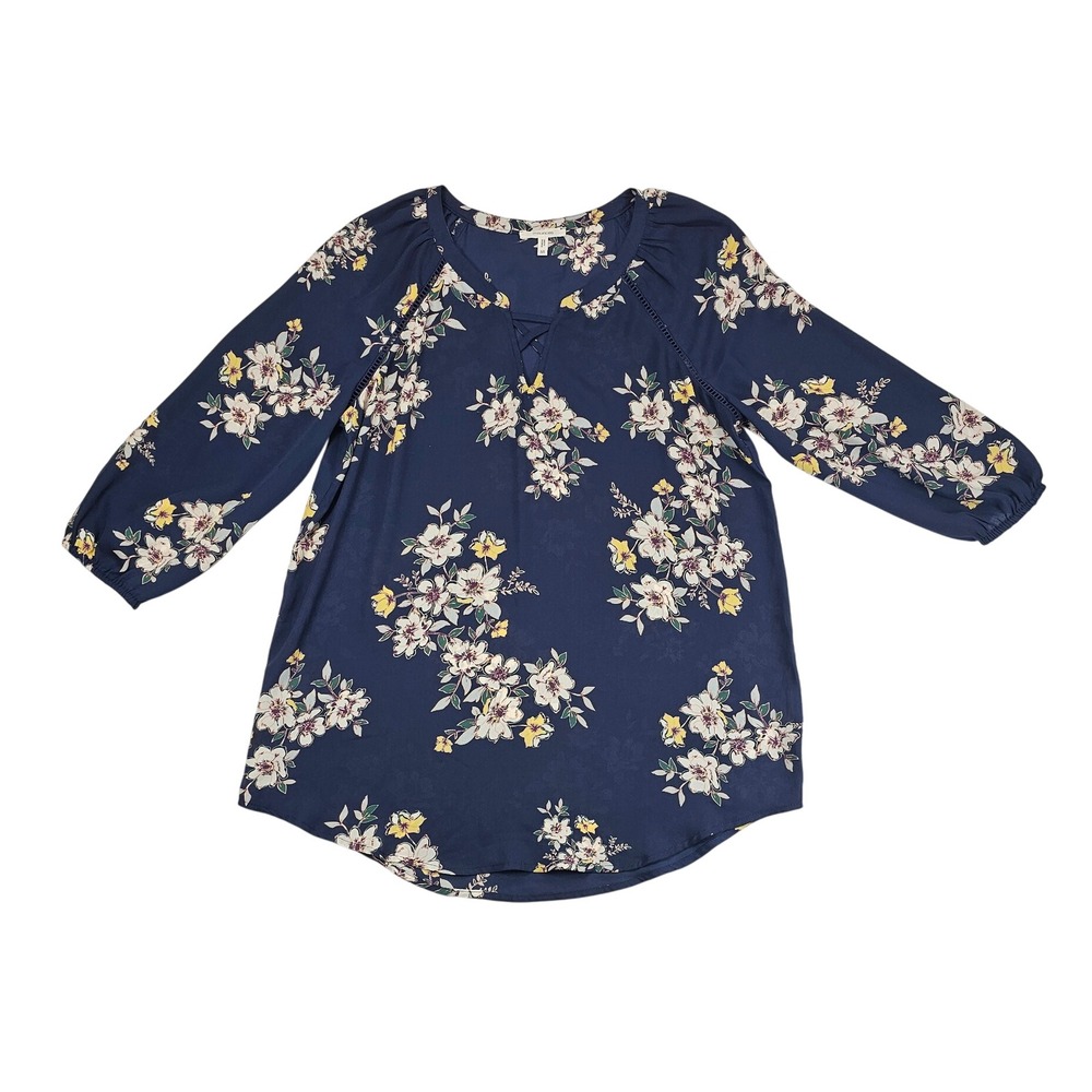Maurices Women's Navy Blue Floral Lattice V-Neck Blouse 3/4 Sleeve Top Medium